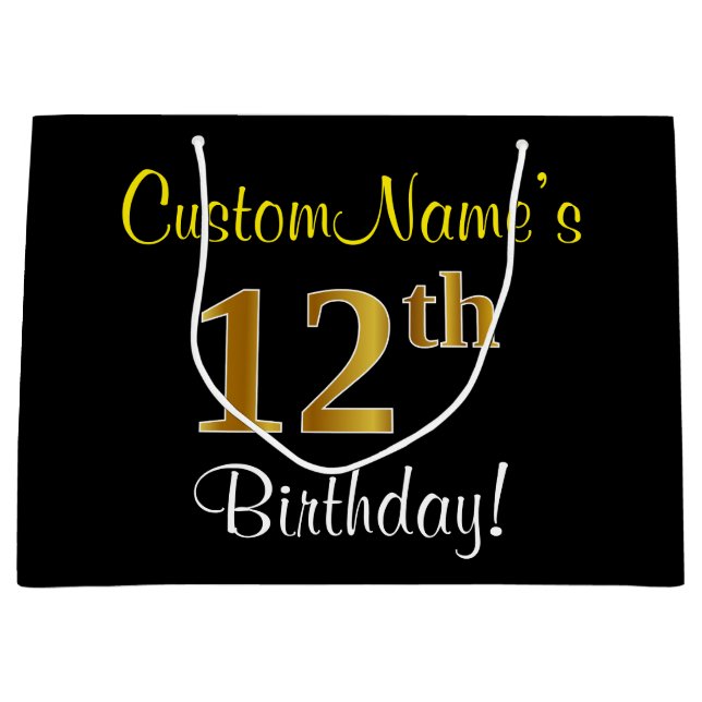 Elegant, Black, Faux Gold 12th Birthday + Name Large Gift Bag (Front)