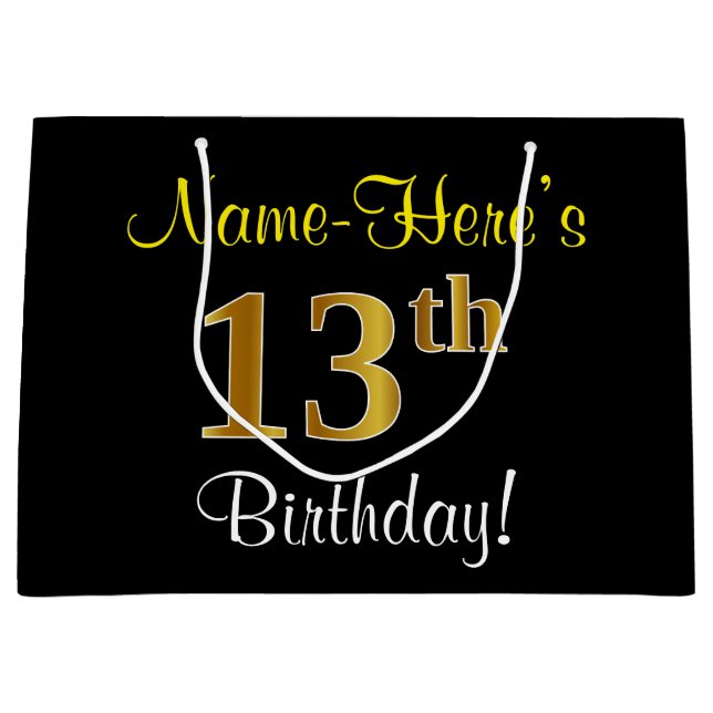 Elegant, Black, Faux Gold 13th Birthday + Name Large Gift Bag (Front)