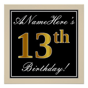 Elegant, Black, Faux Gold 13th Birthday + Name Poster