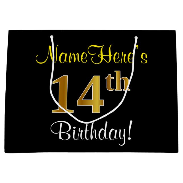 Elegant, Black, Faux Gold 14th Birthday + Name Large Gift Bag (Front)