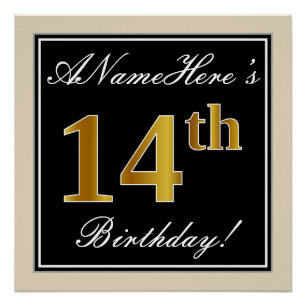 Elegant, Black, Faux Gold 14th Birthday + Name Poster