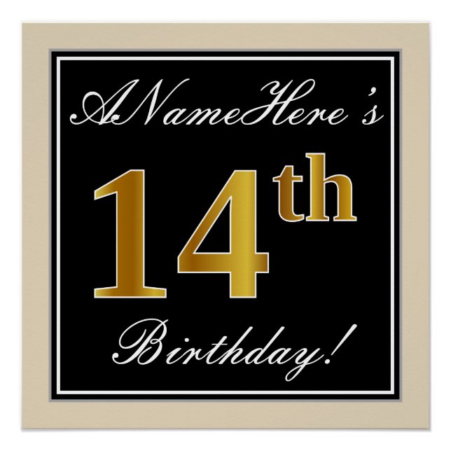 Elegant, Black, Faux Gold 14th Birthday + Name Poster (Front)