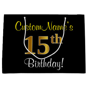 Elegant, Black, Faux Gold 15th Birthday + Name Large Gift Bag