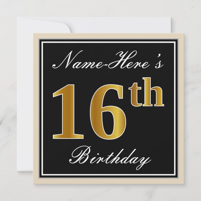 Elegant, Black, Faux Gold 16th Birthday + Name Invitation (Front)