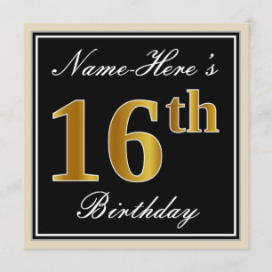 Elegant, Black, Faux Gold 16th Birthday + Name Invitation