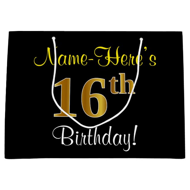 Elegant, Black, Faux Gold 16th Birthday + Name Large Gift Bag (Front)