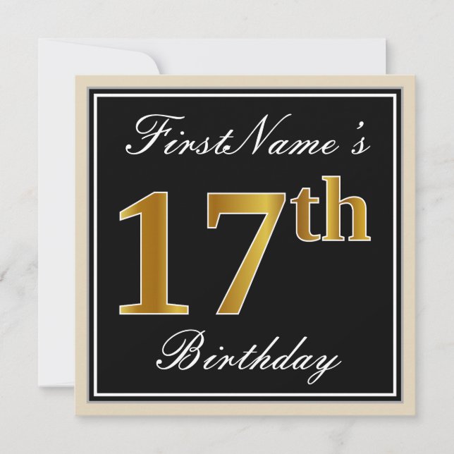 Elegant, Black, Faux Gold 17th Birthday + Name Invitation (Front)