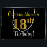 Elegant, Black, Faux Gold 18th Birthday   Name Large Gift Bag<br><div class="desc">This simple, elegant birthday gift bag design features a personalised message like "CustomName’s 18th Birthday!" (with the "18th" having a faux/imitation gold-like colouring look) on a black coloured background. The name is in script-like, yellow-coloured text, and can be customised. A personalised birthday gift bag like this could perhaps be used...</div>