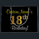 Elegant, Black, Faux Gold 18th Birthday   Name Large Gift Bag<br><div class="desc">This simple, elegant birthday gift bag design features a personalised message like "CustomName’s 18th Birthday!" (with the "18th" having a faux/imitation gold-like colouring look) on a black coloured background. The name is in script-like, yellow-coloured text, and can be customised. A personalised birthday gift bag like this could perhaps be used...</div>
