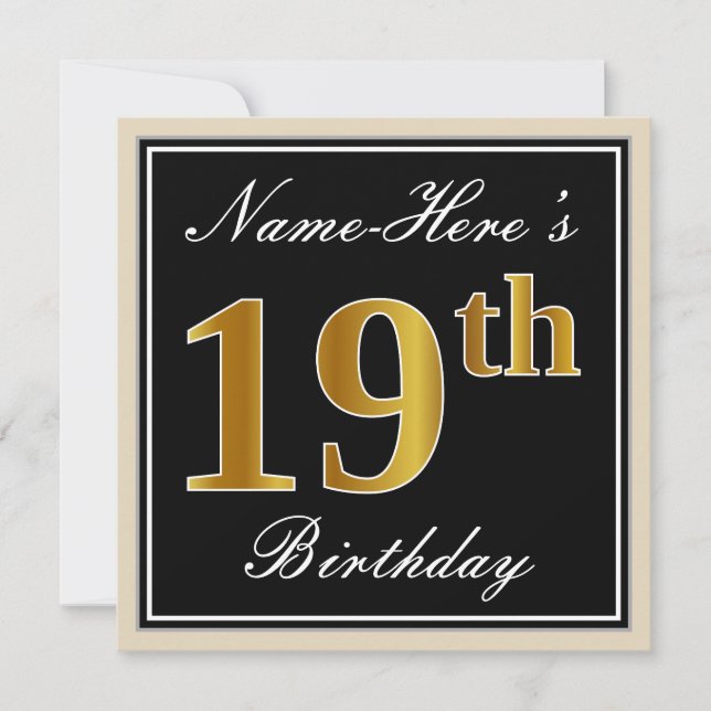 Elegant, Black, Faux Gold 19th Birthday + Name Invitation (Front)