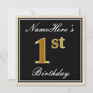 Elegant, Black, Faux Gold 1st Birthday + Name Invitation