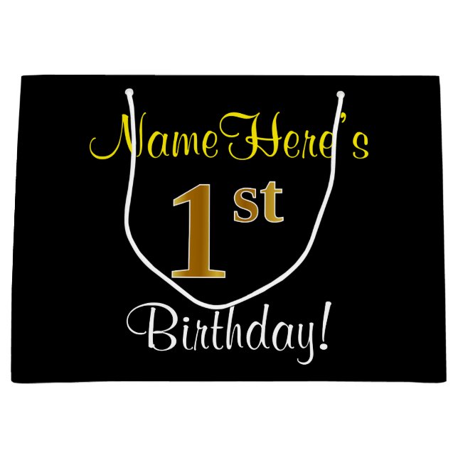 Elegant, Black, Faux Gold 1st Birthday + Name Large Gift Bag (Front)