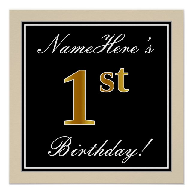 Elegant, Black, Faux Gold 1st Birthday + Name Poster (Front)