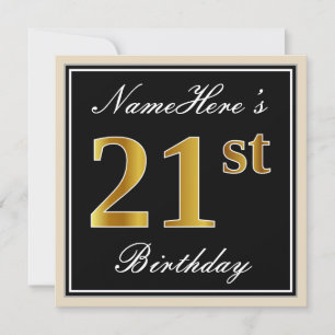 Elegant, Black, Faux Gold 21st Birthday + Name Invitation