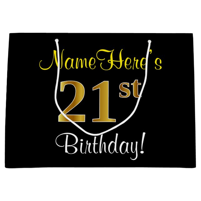 Elegant, Black, Faux Gold 21st Birthday + Name Large Gift Bag (Front)
