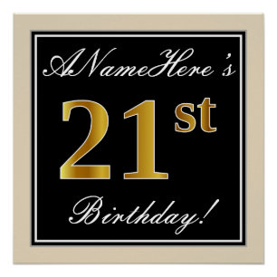 Elegant, Black, Faux Gold 21st Birthday + Name Poster