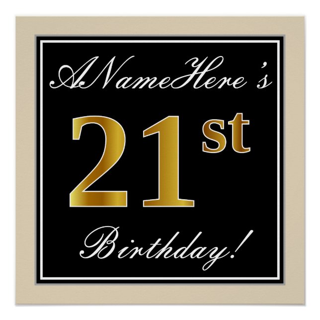 Elegant, Black, Faux Gold 21st Birthday + Name Poster (Front)