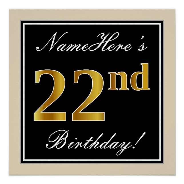 Elegant, Black, Faux Gold 22nd Birthday + Name Poster (Front)