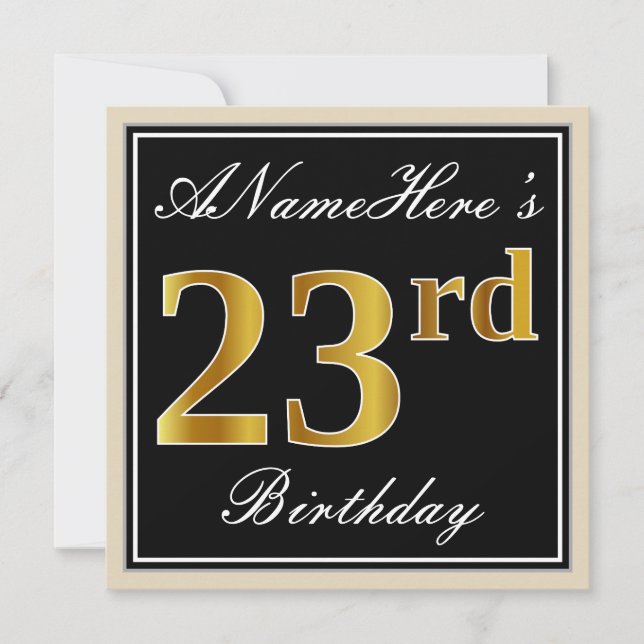 Elegant, Black, Faux Gold 23rd Birthday + Name Invitation (Front)