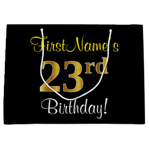 Elegant, Black, Faux Gold 23rd Birthday + Name Large Gift Bag