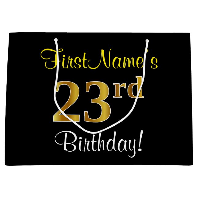 Elegant, Black, Faux Gold 23rd Birthday + Name Large Gift Bag (Front)