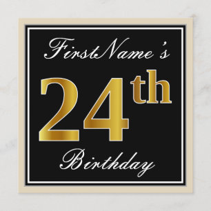 Elegant, Black, Faux Gold 24th Birthday + Name Invitation