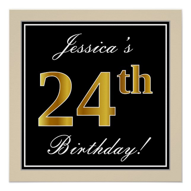 Elegant, Black, Faux Gold 24th Birthday + Name Poster (Front)