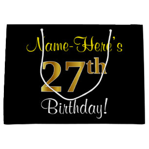 Elegant, Black, Faux Gold 27th Birthday + Name Large Gift Bag