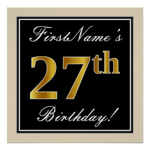 Elegant, Black, Faux Gold 27th Birthday + Name Poster