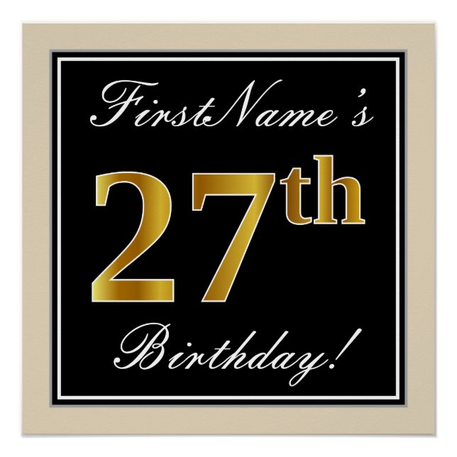 Elegant, Black, Faux Gold 27th Birthday + Name Poster (Front)