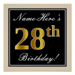 Elegant, Black, Faux Gold 28th Birthday + Name Poster