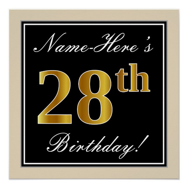 Elegant, Black, Faux Gold 28th Birthday + Name Poster (Front)
