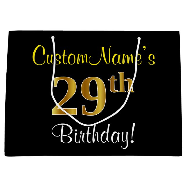 Elegant, Black, Faux Gold 29th Birthday + Name Large Gift Bag (Front)