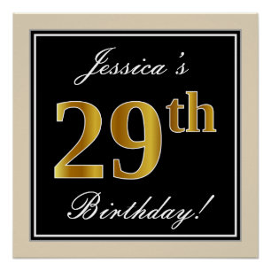 Elegant, Black, Faux Gold 29th Birthday + Name Poster