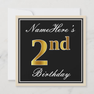 Elegant, Black, Faux Gold 2nd Birthday + Name Invitation