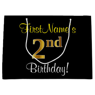Elegant, Black, Faux Gold 2nd Birthday + Name Large Gift Bag