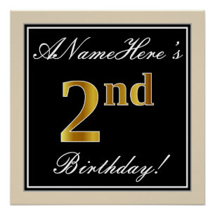 Elegant, Black, Faux Gold 2nd Birthday + Name Poster