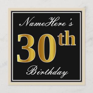 Elegant, Black, Faux Gold 30th Birthday + Name Invitation