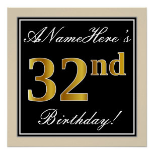 Elegant, Black, Faux Gold 32nd Birthday + Name Poster