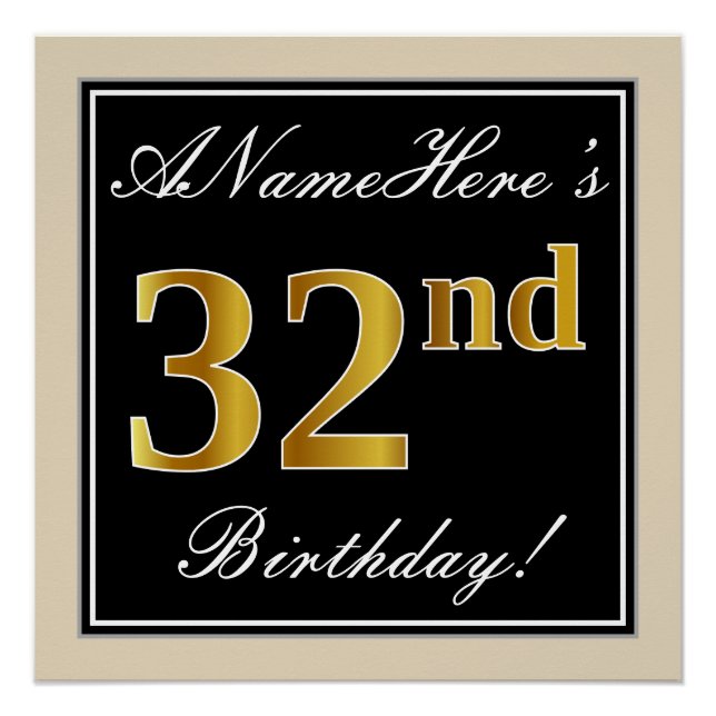 Elegant, Black, Faux Gold 32nd Birthday + Name Poster (Front)