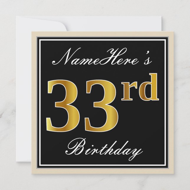Elegant, Black, Faux Gold 33rd Birthday + Name Invitation (Front)