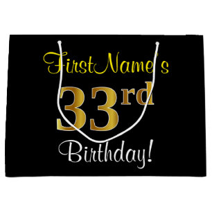 Elegant, Black, Faux Gold 33rd Birthday + Name Large Gift Bag