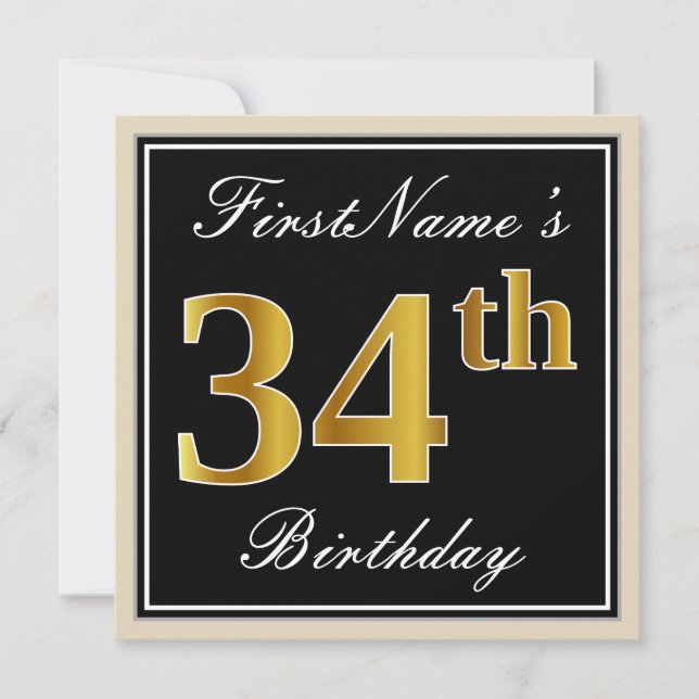 Elegant, Black, Faux Gold 34th Birthday + Name Invitation (Front)