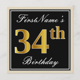Elegant, Black, Faux Gold 34th Birthday + Name Invitation