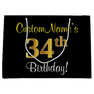 Elegant, Black, Faux Gold 34th Birthday + Name Large Gift Bag