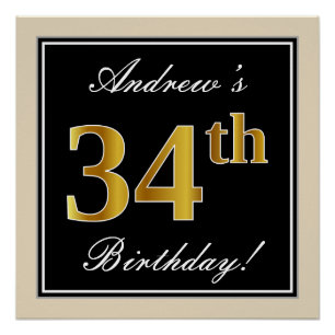 Elegant, Black, Faux Gold 34th Birthday + Name Poster