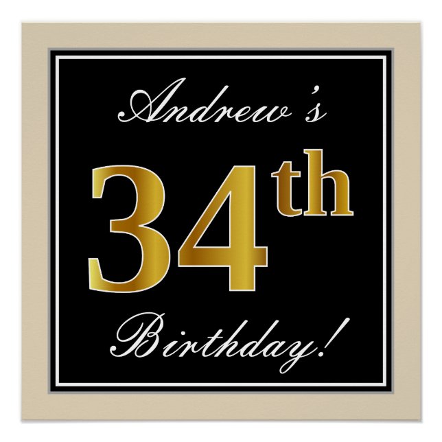 Elegant, Black, Faux Gold 34th Birthday + Name Poster (Front)