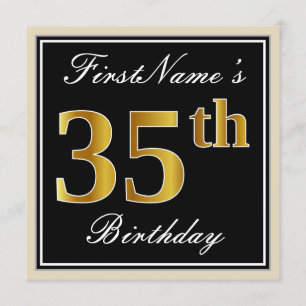 Elegant, Black, Faux Gold 35th Birthday + Name Invitation