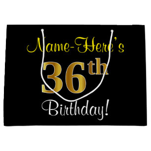 Elegant, Black, Faux Gold 36th Birthday + Name Large Gift Bag