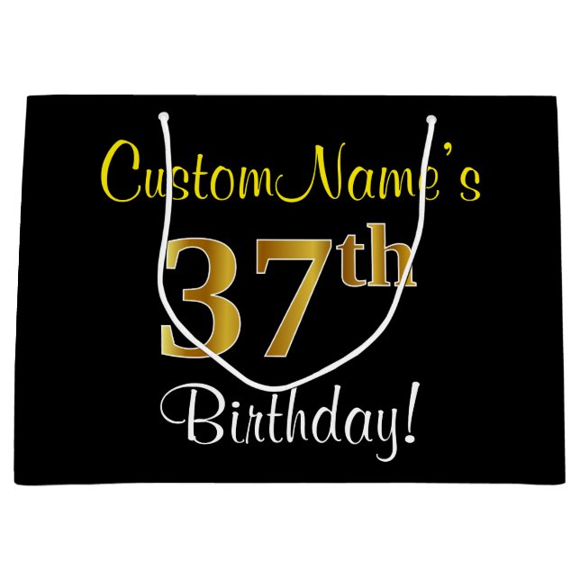 Elegant, Black, Faux Gold 37th Birthday + Name Large Gift Bag (Front)